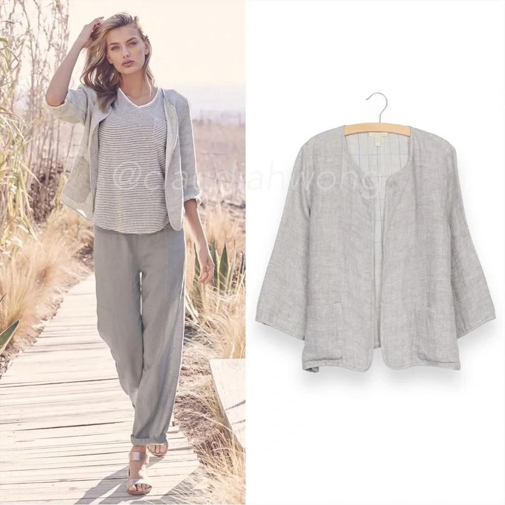EILEEN FISHER Check Linen Round Neck Jacket in Dark Pearl Grey